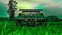 Descarga el fondo de pantalla perfecto de Nissan Skyline GT-R en un exuberante prado