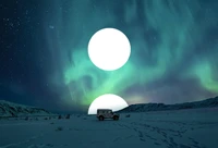 Fondo de pantalla impactante de luces del norte y luna