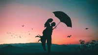 Stunning Romantic Wallpaper Featuring a Silhouette With an Umbrella