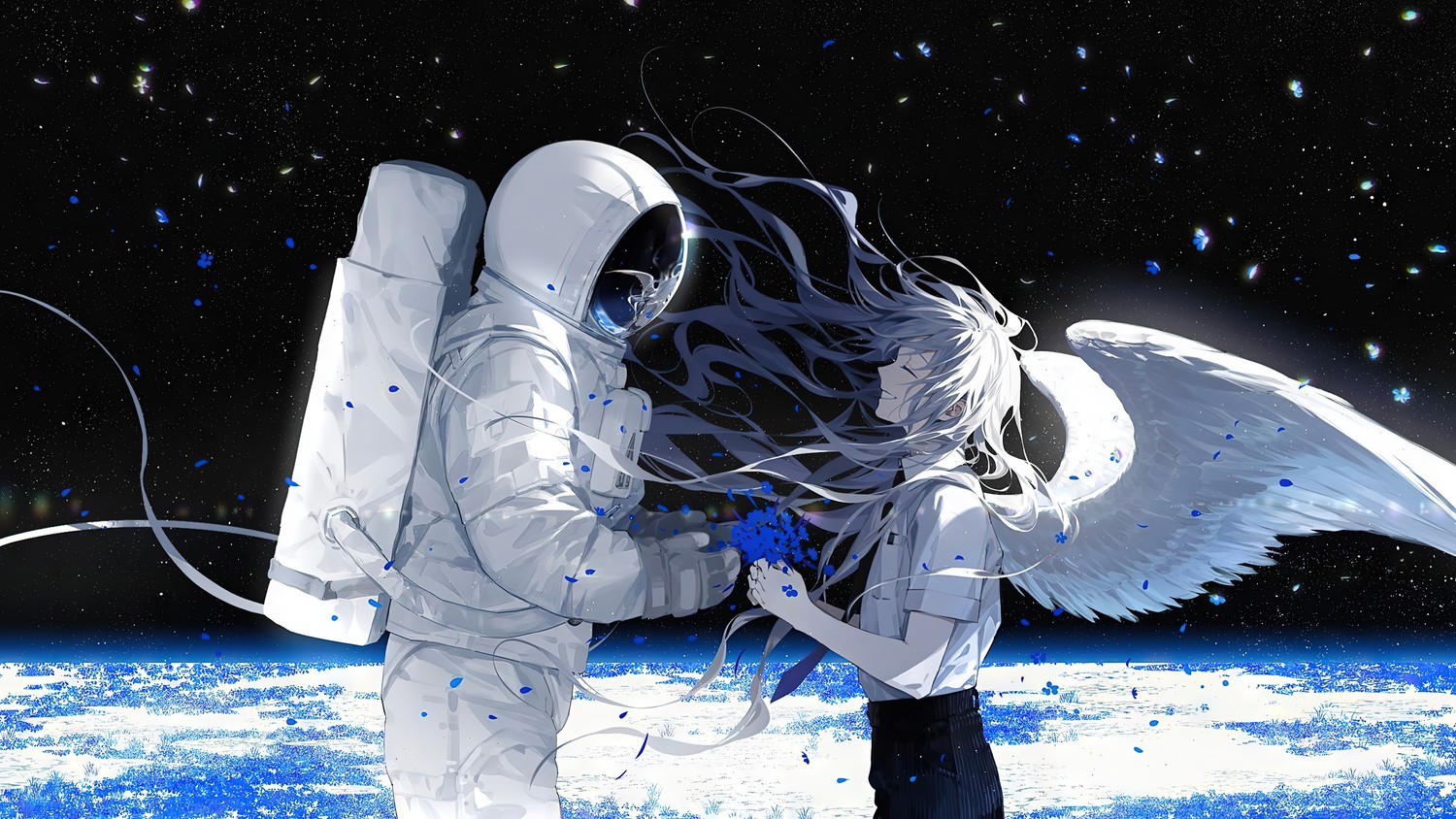 Explore the Beauty of Space: Anime Angel and Astronaut Wallpaper