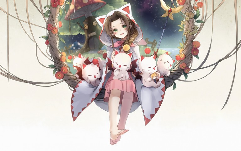 Beautiful Wallpaper Featuring Aerith Gainsborough and Adorable Moogles