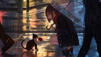 Stunning Anime Wallpaper of Girl and Cat in the Rain