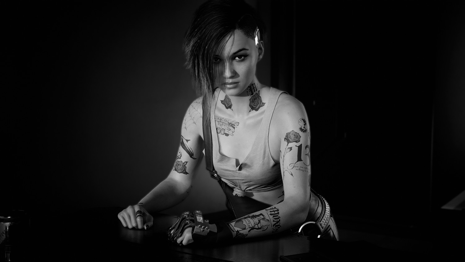 Download Stunning 4K Judy Alvarez Monochrome Wallpaper from Cyberpunk 2077