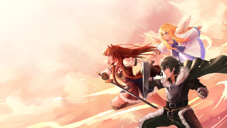 Stunning Wallpaper Featuring Naofumi, Raphtalia, and Filo from The Rising of the Shield Hero