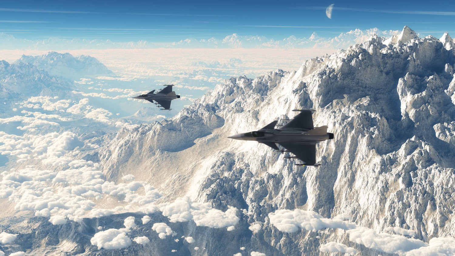 Saab JAS 39 Gripen survolant des montagnes majestueuses