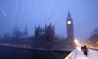 Descarga un hermoso fondo de pantalla de las Casas del Parlamento en nieve