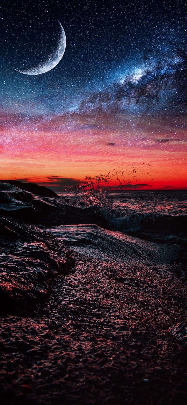 Breathtaking Ocean Afterglow with Moonlit Sky Wallpaper