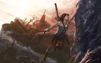 Fondo de pantalla épico de Lara Croft en aventura