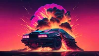 Vibrant Digital Art: Car Surrounded by Explosions