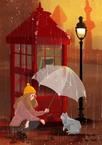 Cozy Cat and Umbrella in Rainy Illustration