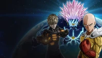 Descarga un Impresionante Fondo de Pantalla de One Punch Man con Saitama, Genos y Boros