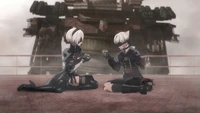 Descarga impresionante fondo de Nier: Automata con personajes de Yorha