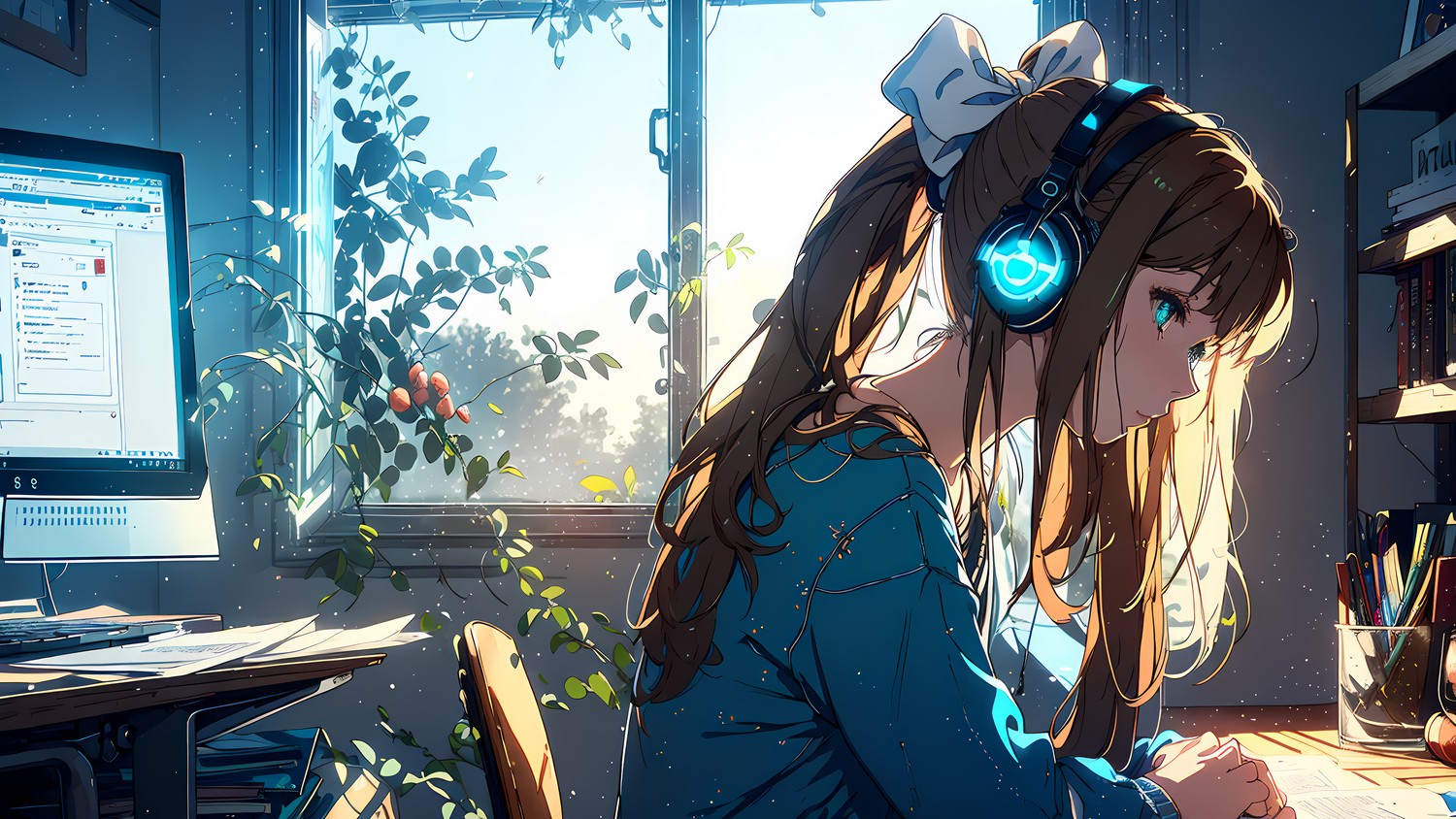 Vibrant Anime Girl Studying with Headphones Wallpaper