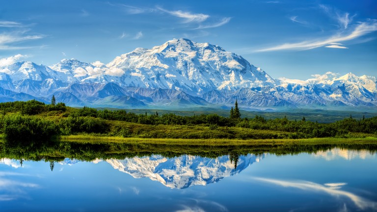 Breathtaking Reflection of Snowy Mountains in Tranquil Waters