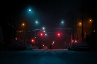 Hermosa escena invernal en la calle por la noche