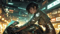 Magnifique Fond d'Écran Fille sur Moto Cyberpunk