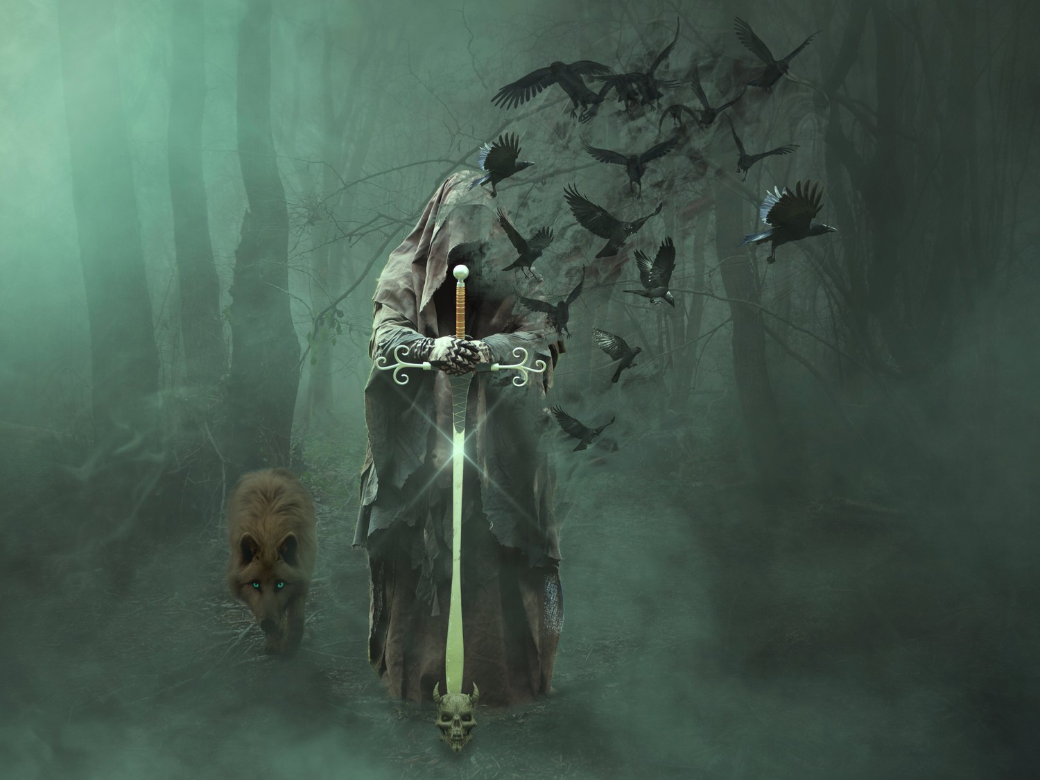 Stunning Fantasy Wallpaper: Magician and Knight in a Mystical Forest