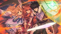 The Rising of the Shield Hero Wallpaper Featuring Naofumi, Raphtalia, and Filo