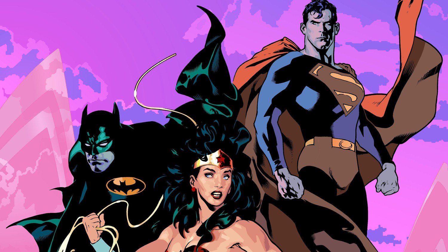 Découvrez le fond d'écran emblématique de l'univers DC avec Batman, Superman et Wonder Woman