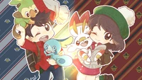 Chibi Pokémon Trainer with Grookey, Sobble, and Scorbunny