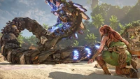 Explora el Fondo de Pantalla de Horizon Forbidden West con Aloy y el Thunderjaw