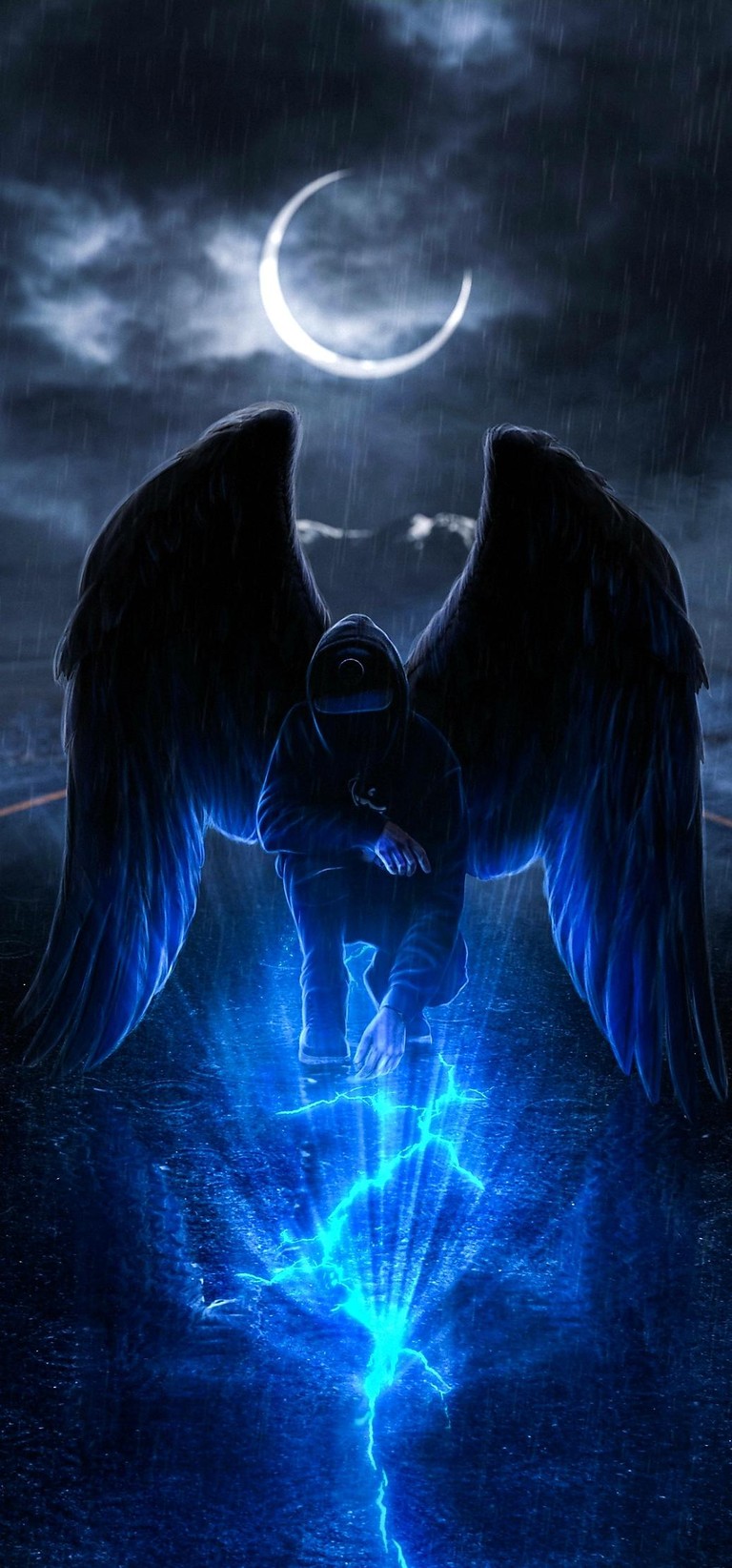 Download Stunning Angel Wallpaper Featuring Moonlight and Electric Blue Lighting