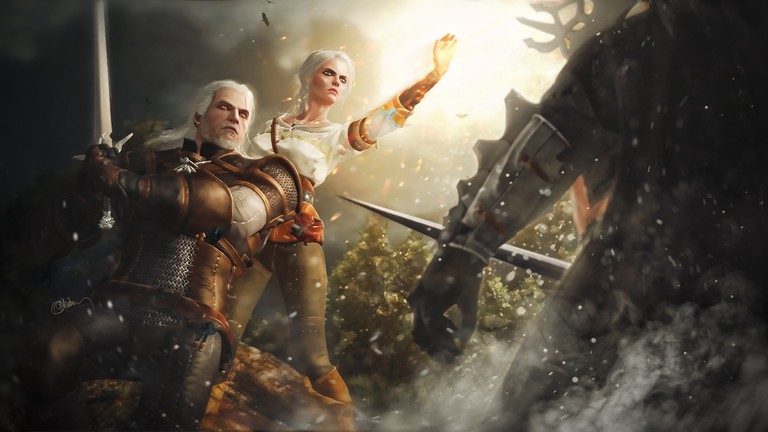 Epic The Witcher 3: Wild Hunt Wallpaper Featuring Ciri and Geralt