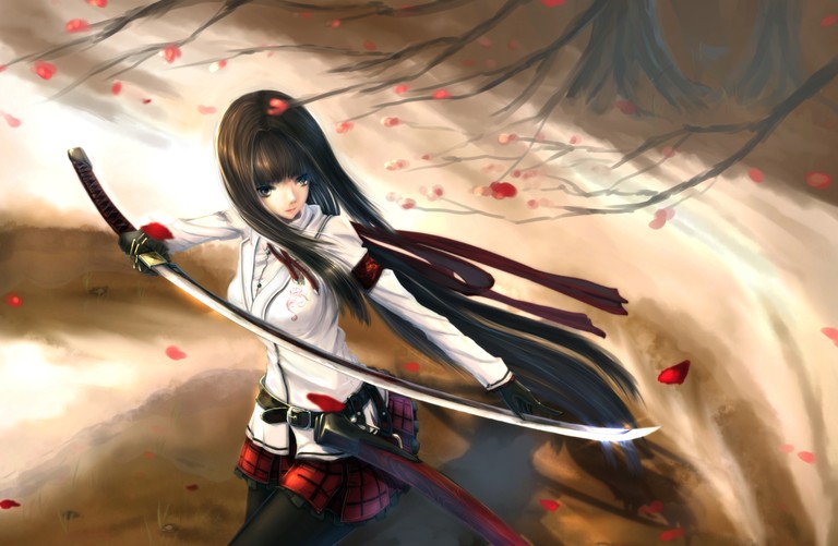 Epic Anime Wallpaper: Woman Warrior with Long Hair and Katana