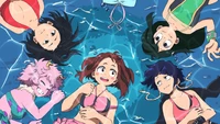 Fondo de pantalla vibrante de Momo Yaoyorozu y amigos en la piscina