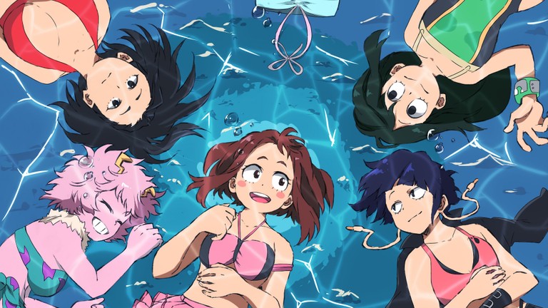 Vibrant Swimming Pool Wallpaper Featuring Momo Yaoyorozu and Friends