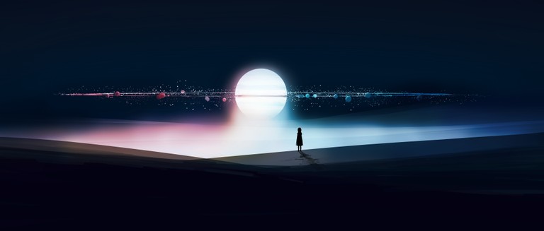 Download Surreal Fantasy Wallpaper Featuring a Silhouette in Orbit