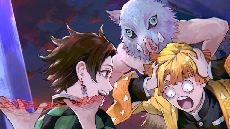 Download Stunning Demon Slayer Wallpaper with Tanjiro, Zenitsu, and Inosuke