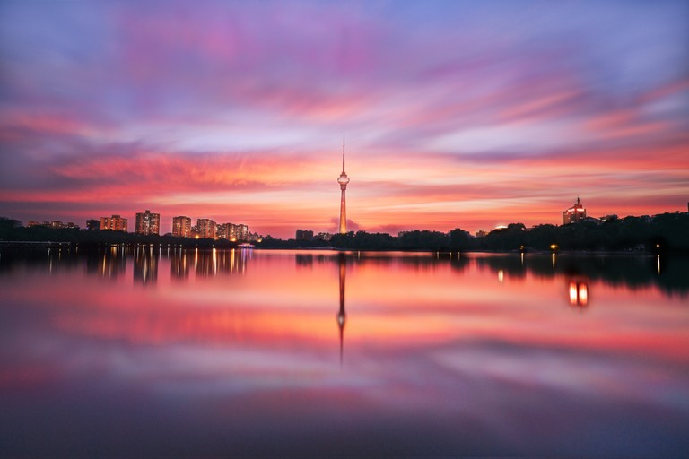 Breathtaking View of the China Central TV Tower at Sunset