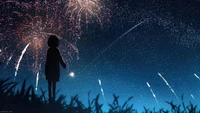 Espectacular Fondo de Pantalla de Fuegos Artificiales con Silueta de Chica de Anime