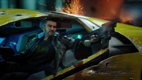 Fond d'écran de Cyberpunk 2077 avec V et une voiture futuriste