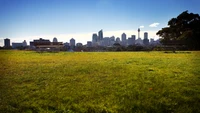 Impresionante horizonte de ciudad sobre un prado verde