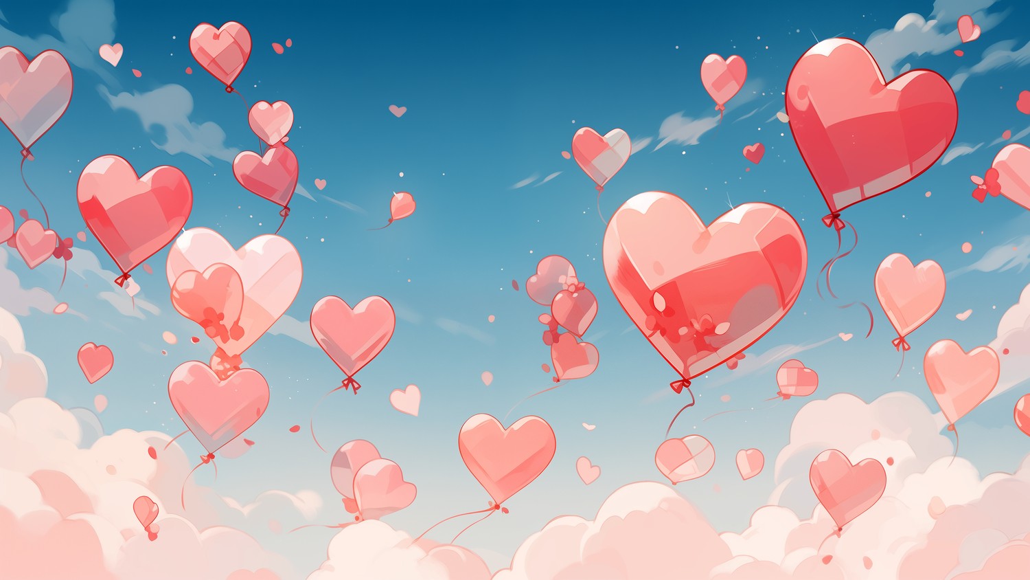 Beautiful Flying Heart Balloons in a Cloudy Sky