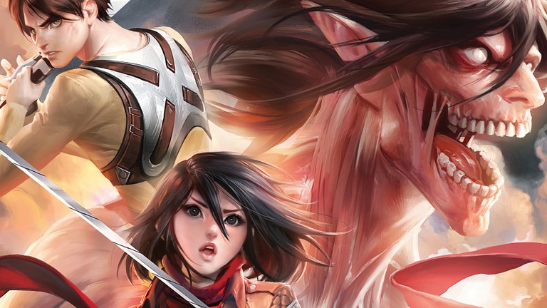 Epic Attack on Titan Wallpaper featuring Eren Yeager and Mikasa Ackerman