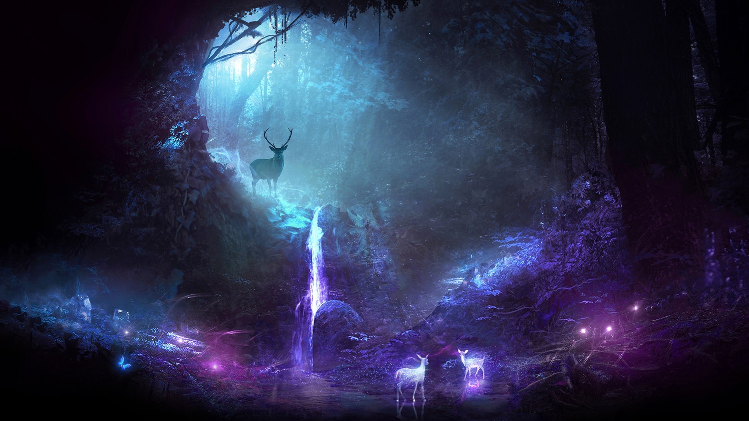 Download This Enchanting Night Scene Wallpaper Featuring Vibrant Deer