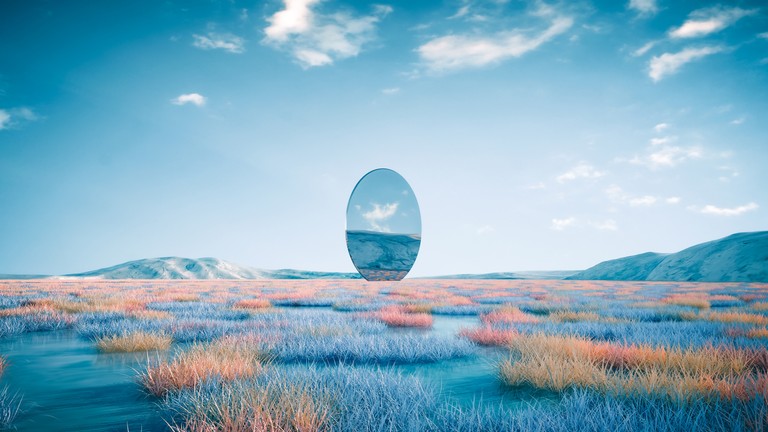 Download Beautiful Surreal Landscape Wallpaper with Oval Glass Reflection