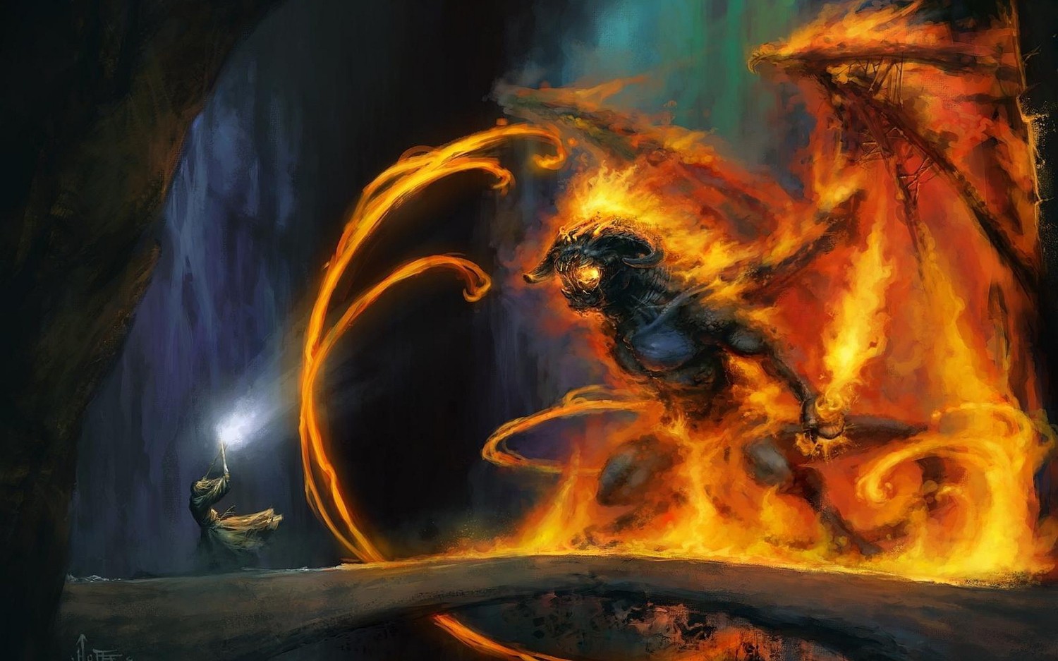 Fond d'Écran Gandalf vs Balrog: Un Combat Enflammé dans la Terre du Milieu