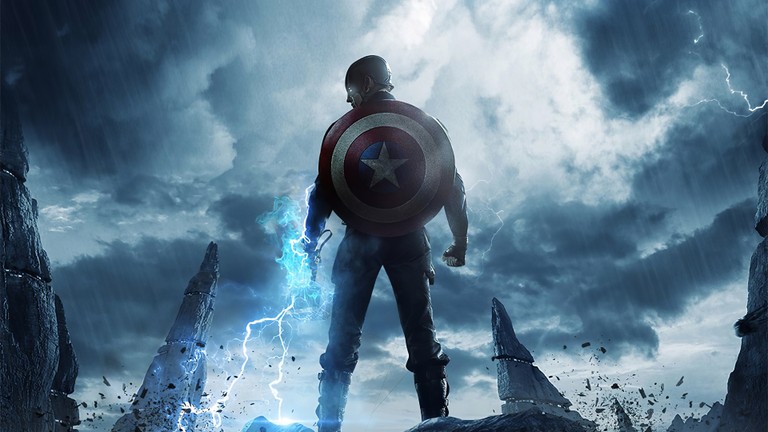 Captain America with Mjolnir - Stunning Lightning Wallpaper