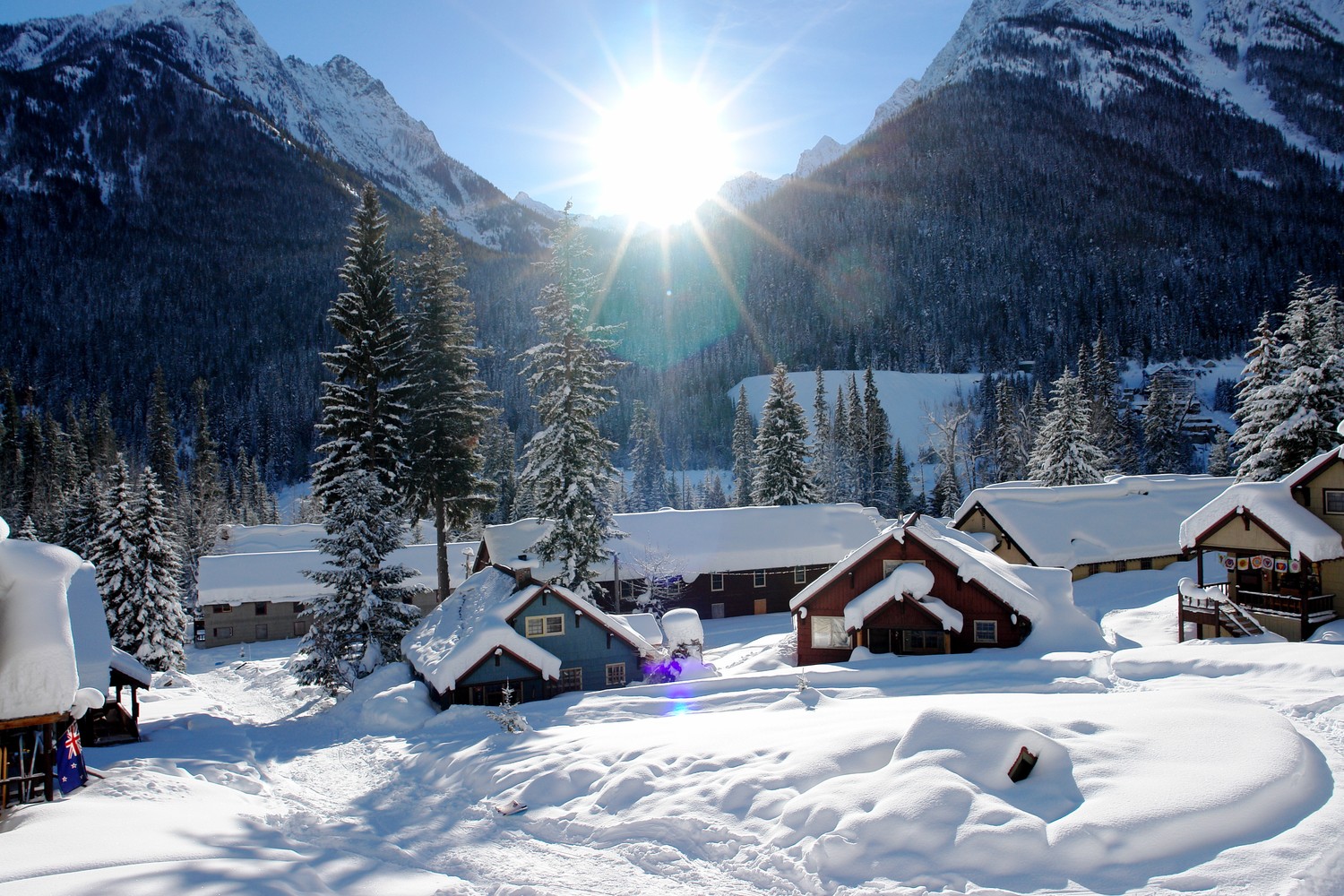 Beautiful Snow-Covered Mountain Village Wallpaper