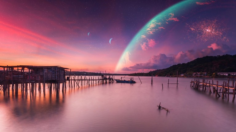 Breathtaking Sunset Scenery: Digital Art Wallpaper Featuring a Planet and Sea