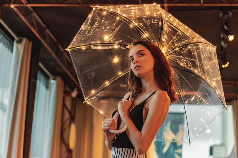 Stunning Fashion Accessory Wallpaper Featuring a Model with an Umbrella