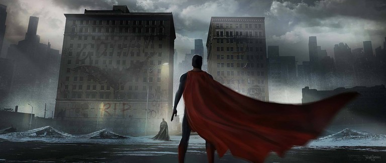 Download Stunning Dystopian DC Comics Wallpaper Featuring Superman and Batman