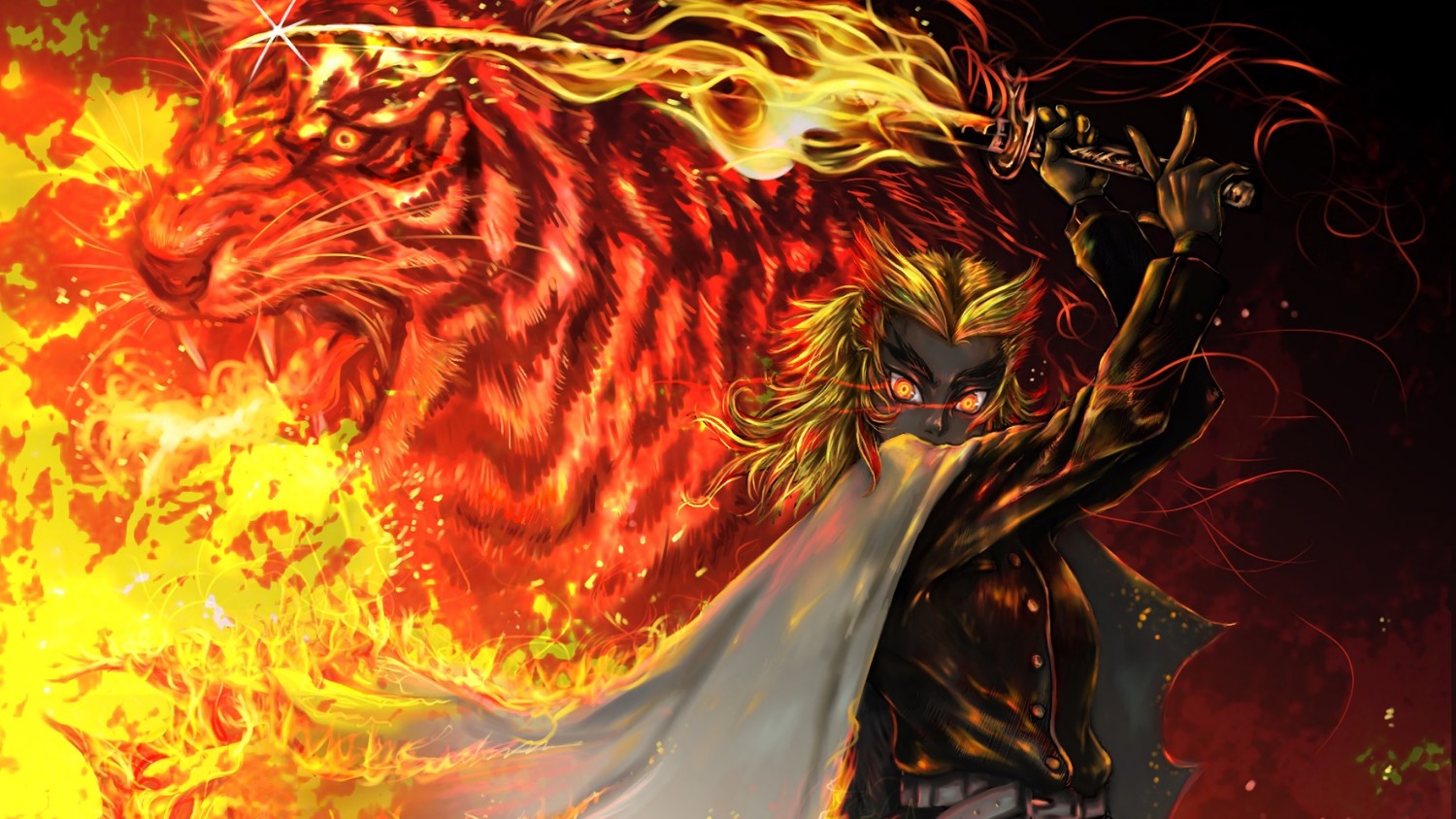 Stunning Kyojuro Rengoku Wallpaper Featuring Flames and a Tiger