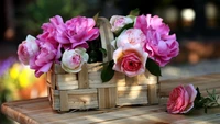 Elegant Pink Roses in a Basket Wallpaper