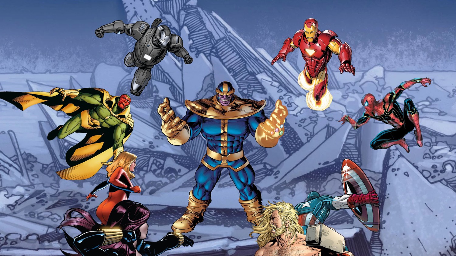 Epic Marvel Comics Wallpaper with Thanos and Heroes