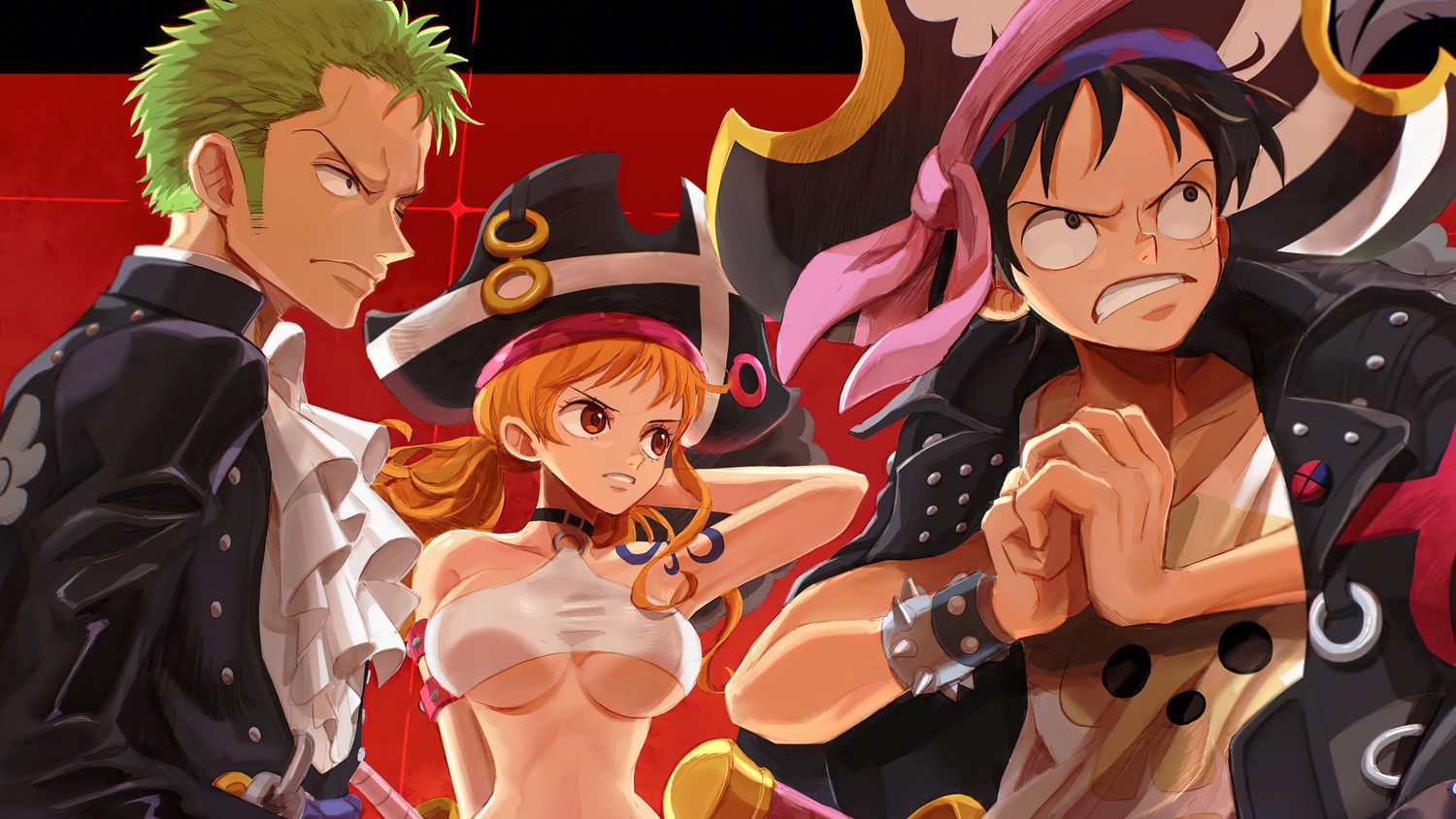 Stunning One Piece Red Wallpaper Featuring Luffy, Zoro, and Nami